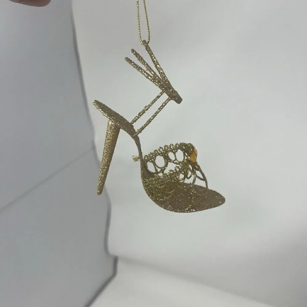 Pier 1 Stiletto Heel Gold Glitter Sandal Christmas Ornament Shoe Holiday